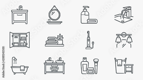 Minimalist Black and White Line Icons Set Featuring Bathroom and Cleaning Essentials Personal Care Items and Home Hygiene Tools