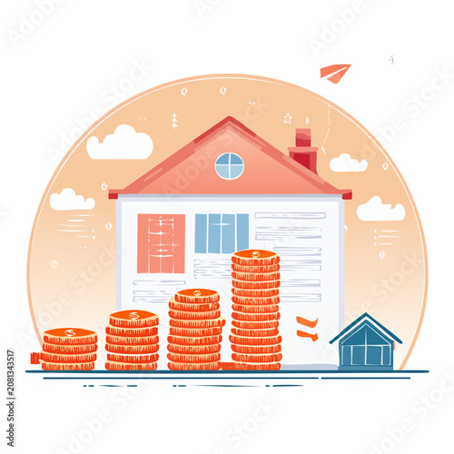 Flat illustration of house with stacks of coins