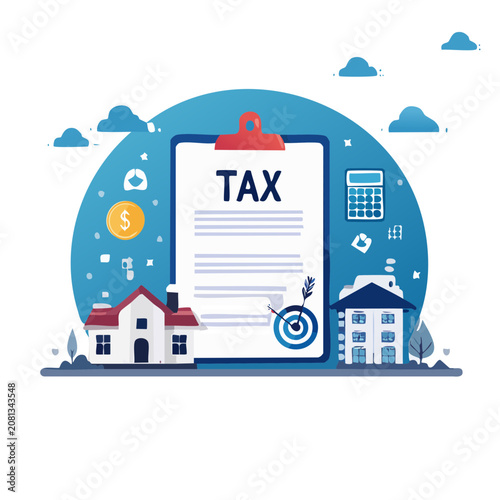 Flat vector illustration of tax document with house and calculator