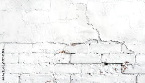 Close-up of a damaged, painted white brick wall with cracked plaster. Texture and weathering