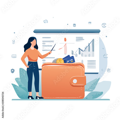 Woman presenting financial chart with wallet and credit cards