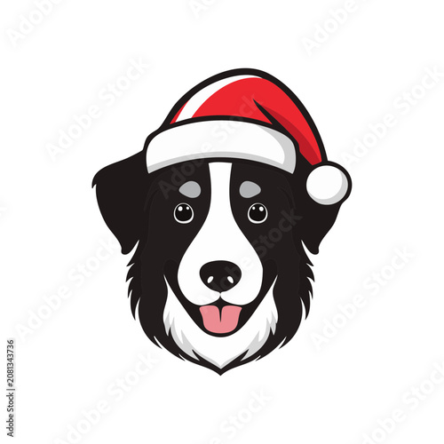 Border Collie dog head wearing red Santa hat for Christmas