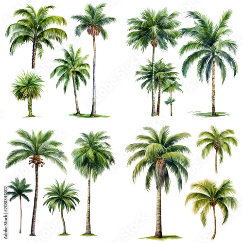 Set of Hand-painted Watercolor Tropical Palm Trees Botanical Illustrations for Summer Beach Design