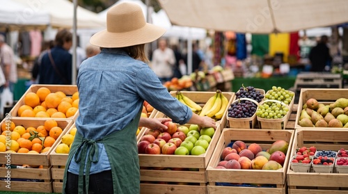 Local farmers market vendor arranging fresh organic fruit, female merchant working at outdoor street stall, colorful seasonal produce in wooden crates