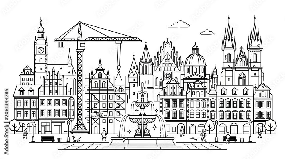 Obraz premium Prague Skyline Cityscape Outline Drawing with Fountain and Crane