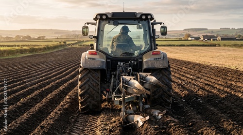 Modern farm tractor plowing field at sunset, agricultural machinery cultivating soil in rural landscape, farmer driving heavy equipment on farmland