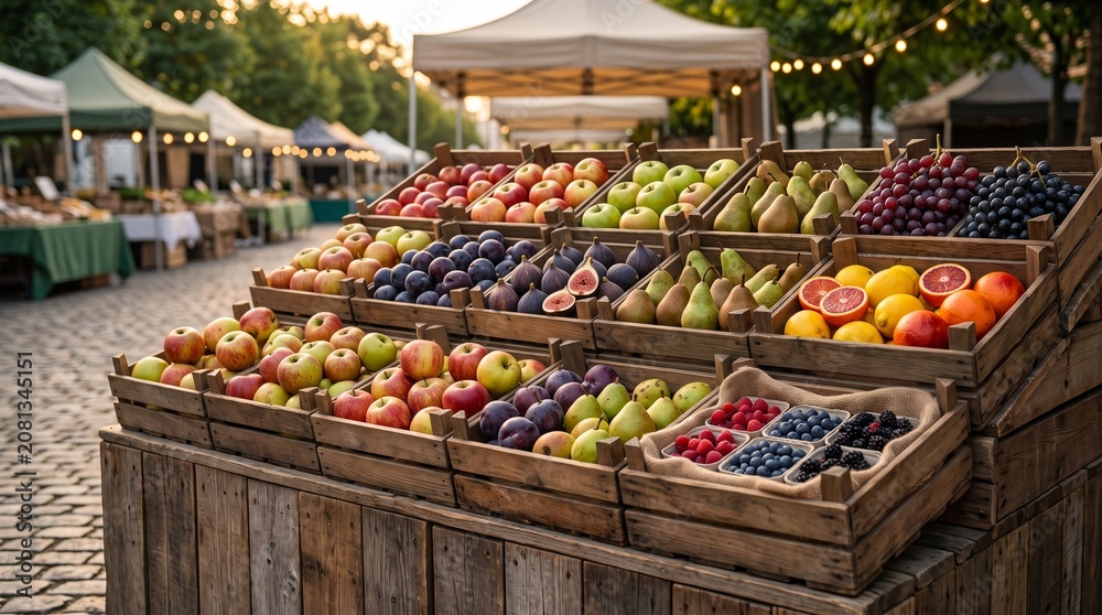 Obraz premium Fresh organic fruit display at outdoor farmers market, rustic wooden crates filled with apples, pears and berries, vibrant local produce stand