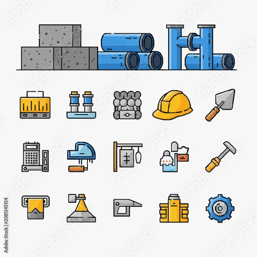 Minimalist Colorful Construction and Building Tools Icon Set with Safety Gear and Heavy Machinery Illustrations