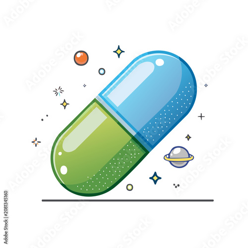 Colorful medicine capsule with space and star elements