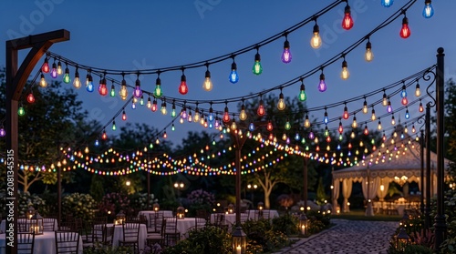 Festive outdoor string lights at night, colorful hanging garden bulbs for wedding celebration, twilight backyard party atmosphere with patio lighting