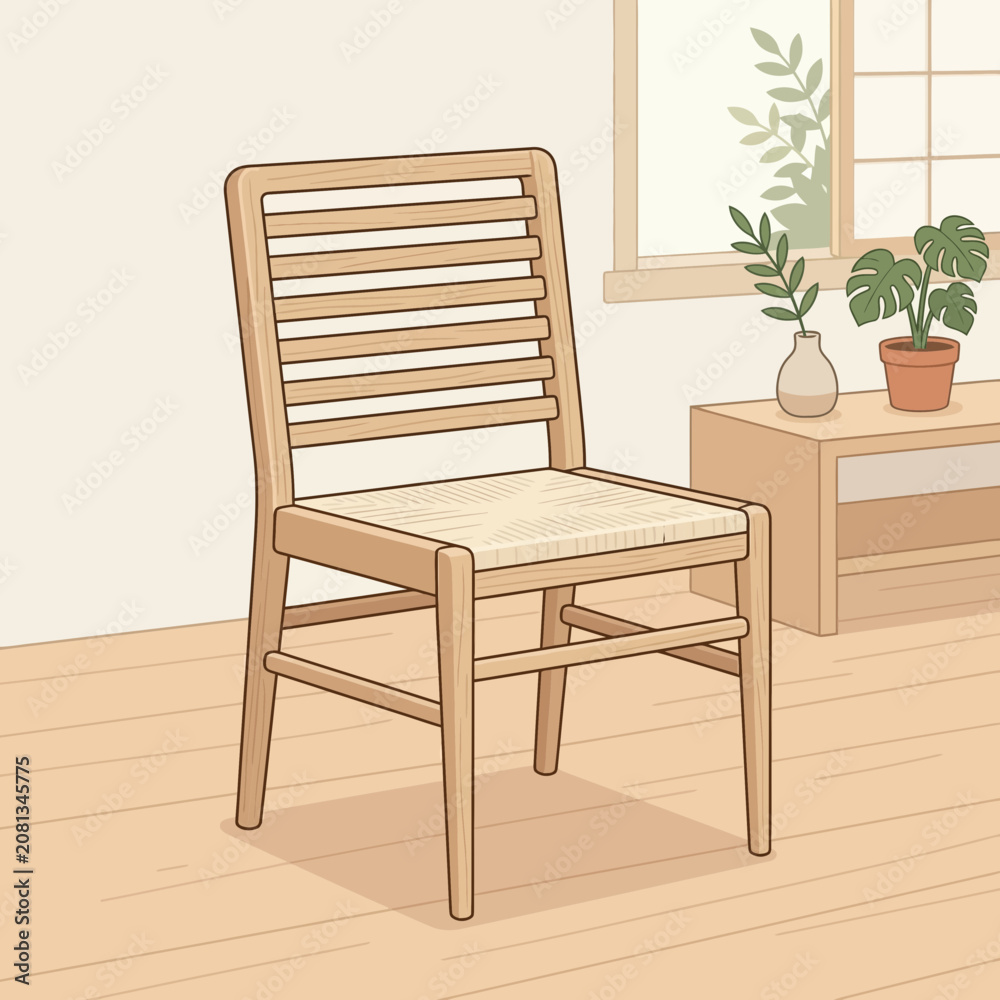 Fototapeta premium Minimalist wooden chair with slatted backrest in a simple room setting.