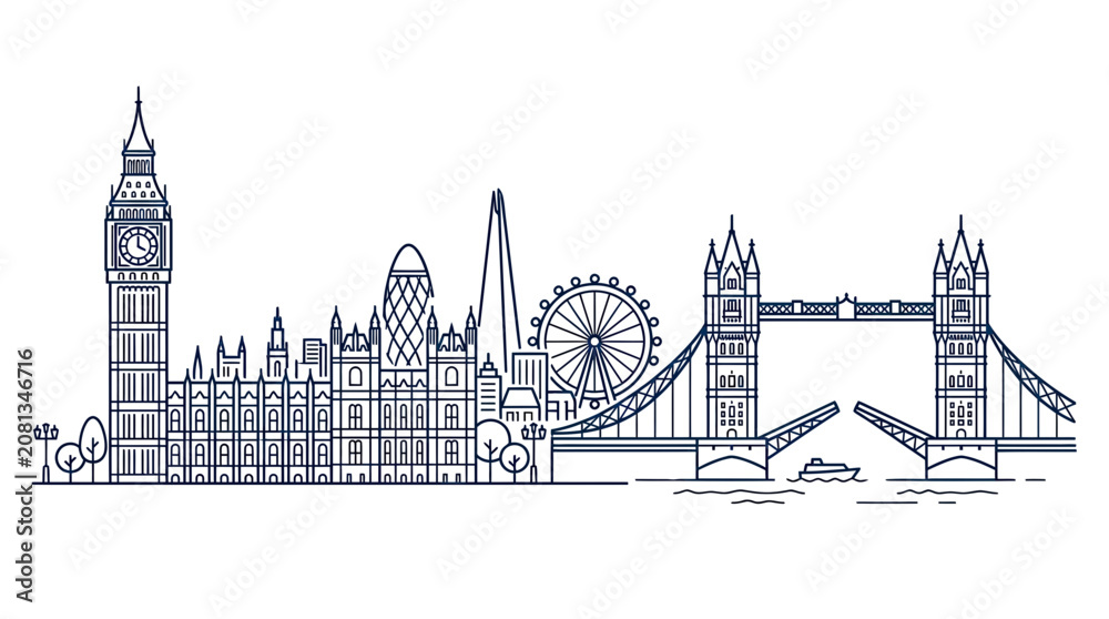 Fototapeta premium London Skyline Silhouette: Iconic Landmarks in Blue Outline - Big Ben, Gherkin, London Eye, Tower Bridge