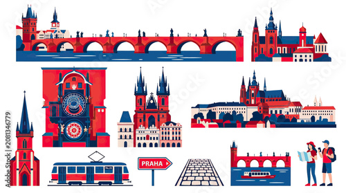 Tableau sur toile Prague Cityscape Panorama: Iconic Landmarks, Charles Bridge, Tram, Astronomical