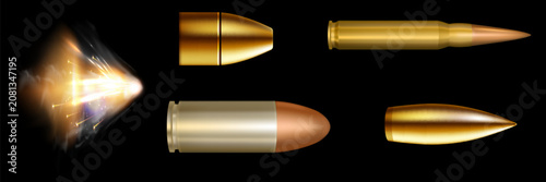 Gunshots, bullet in motion, military smoke trails. Realistic flying bullet in motion. Smoke traces isolated on transparent background. Handgun shoot trails.