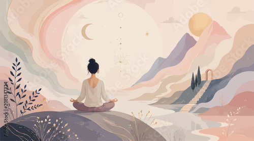 Tableau sur toile Woman Meditating in Serene Landscape at Sunrise, Embracing Inner Peace and Mindf