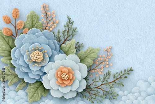 Elegant Embroidered Blue Floral Arrangement On Textured Light Blue Fabric Background With Lace Edge