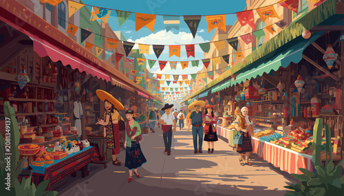Foto A vibrant, bustling marketplace scene filled with colorful stalls, festive banners, and diverse people enjoying the lively atmosphere