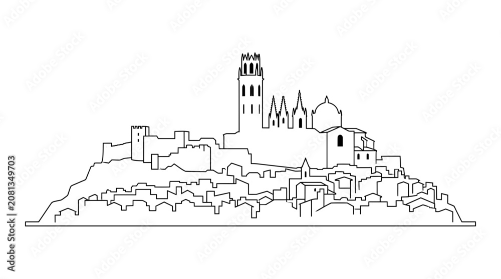 Obraz premium Medieval City Skyline Outline on Hill
