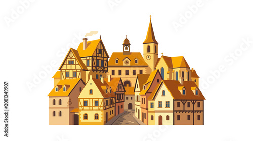 Charming European Village with Historic Buildings and Church Tower