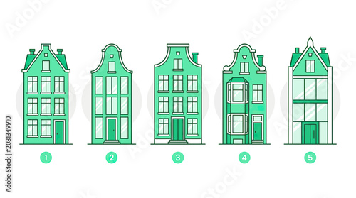 Collection of Dutch Canal Houses, Architectural Styles, Vector Illustration