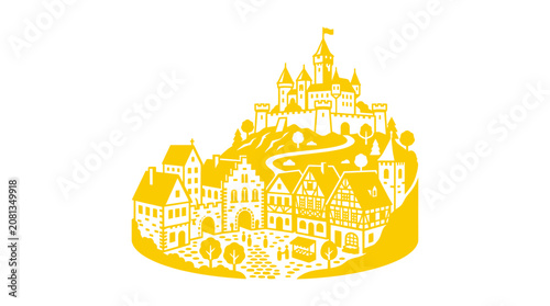 Charming medieval village with castle on hill, yellow graphic illustration