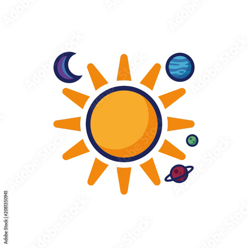 A vibrant flat vector illustration of a bright sun surrounded by various celestial bodies in space