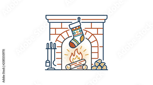 A festive holiday stocking hangs from a brick fireplace with a warm glowing fire inside