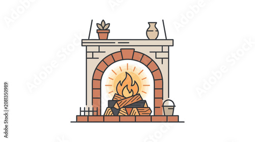 A stylized illustration of a cozy brick fireplace with a burning fire inside