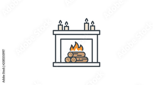 A simple vector illustration of a cozy fireplace with burning logs and candles