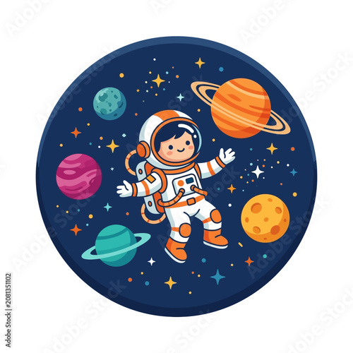 A cute cartoon astronaut floats through a colorful deep space scene
