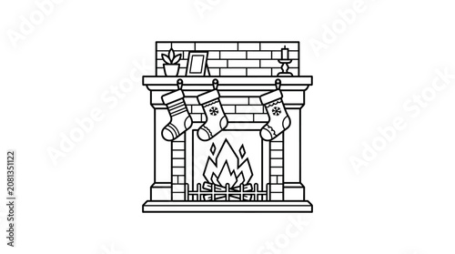 A simple black and white line art illustration of a cozy fireplace with hanging holiday stockings