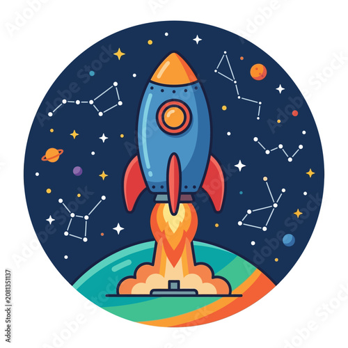 A colorful illustration of a rocket ship launching into deep space
