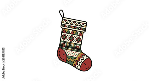 A decorative holiday stocking with geometric patterns on a white background