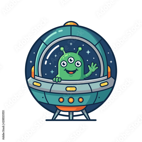 A friendly green alien waves from inside a circular space vehicle in deep space