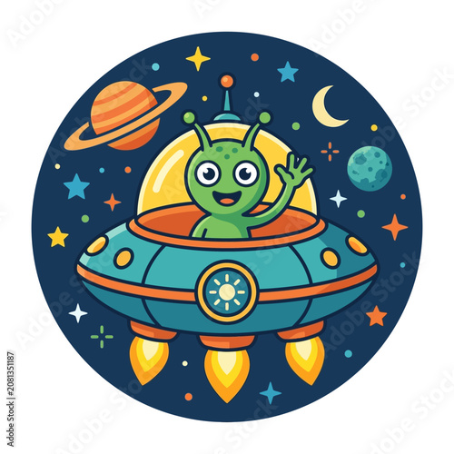 A friendly green alien waves from inside a colorful flying saucer in deep space