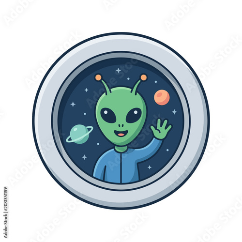 A friendly green alien waves from inside a circular spaceship window in deep space