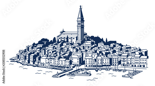 Charming European Coastal Town Sketch with Church Tower and Harbor