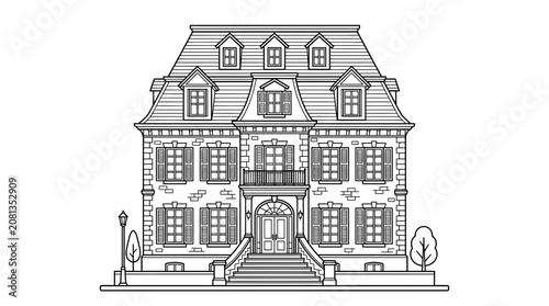 Classic French Mansard Roof House Illustration with Stone Facade and Shutters