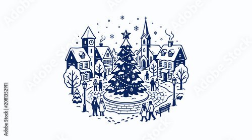 Charming Christmas Village Square with Decorated Tree and Snowfall