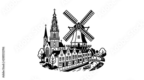 Dutch Village Scene: Windmill, Church, Canal Houses and Boat
