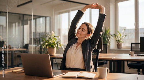 Businesswoman taking a break to stretch her arms above her head while sitting at her desk in a modern office, with a laptop and coffee cup nearby.
