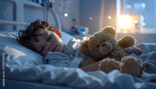 Young child peacefully sleeping in a hospital bed with a comforting teddy bear beside them