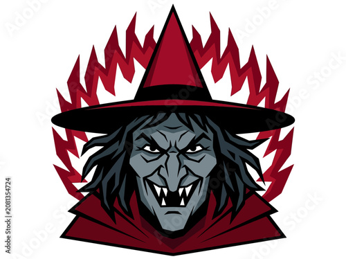 Quadro su tela Creepy Witch Mascot Logo with Red Pointy Hat and Flame Background - Horror Hag C