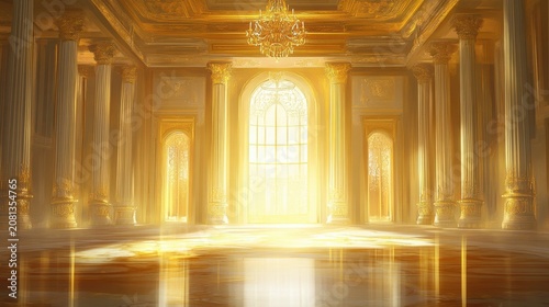 Majestic golden hall filled with radiant sunlight streaming through a grand arched window.