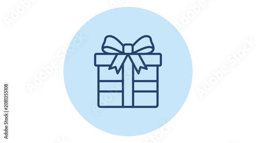A simple blue icon featuring a gift box with a ribbon