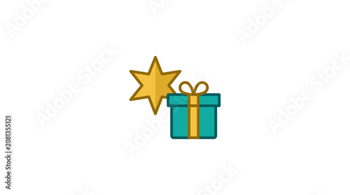 A stylized icon featuring a teal gift box and a golden star on a white background
