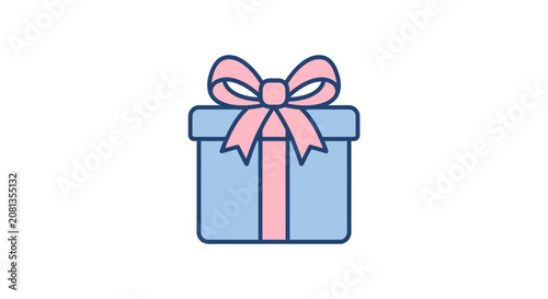 A simple illustration of a blue gift box with a pink ribbon