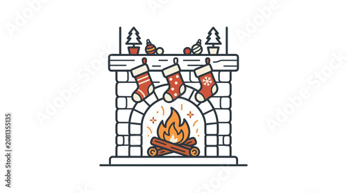 A festive fireplace illustration with hanging stockings and holiday decorations