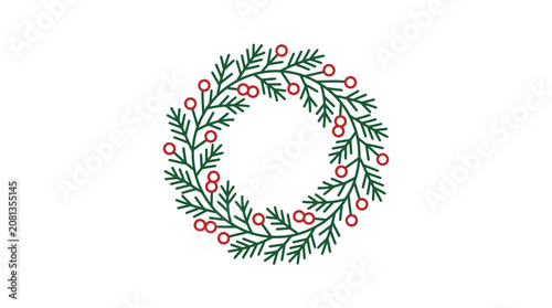 A minimalist illustration of a festive evergreen wreath with red berries