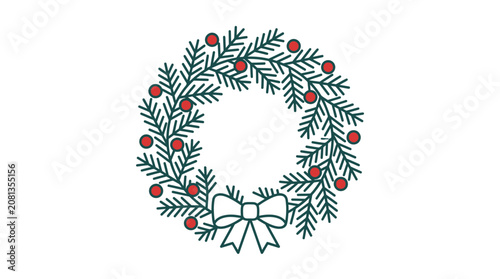 A festive evergreen wreath decorated with red berries and a simple bow